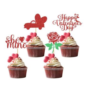 Imagem de Conjunto de topo de bolo brilhante para o dia dos namorados de 4 peças - decorações de flores e coração do feliz dia dos namorados para pedido decoração de cupcake de sobremesa de festa romântica, 1