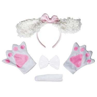 Imagem de Petitebella Tiara de cachorro de orelha longa com laço e cauda luvas, fantasia adulta (poodle branco, tamanho único)