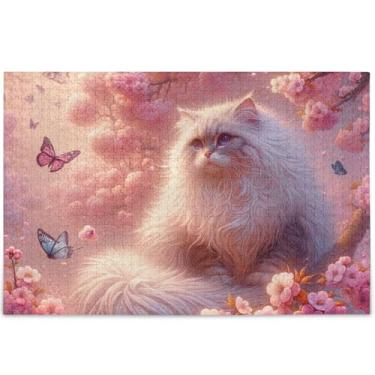 Imagem de Quebra-cabeça de gato rosa Ragdoll flor de cerejeira 500 peças para adultos, jogos de quebra-cabeça, presentes técnicos, legais, exclusivos, personalizados, família, brinquedo, arte, 52 x 37,8 cm