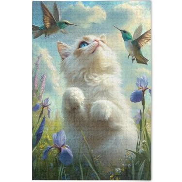 Imagem de Quebra-cabeça de beija-flor de gato fofo personalizado para adultos 1000 peças presentes para jogo de elefante branco família quebra-cabeça divertido arte decoração pintura, 75 x 50 cm