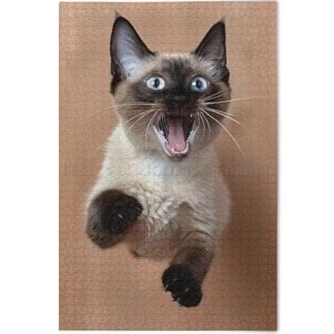 Imagem de Quebra-cabeça engraçado de gato siamês personalizado 500 peças para adultos decoração de pintura animal quebra-cabeças difíceis presentes para jogo de elefante branco, 52 x 37,8 cm