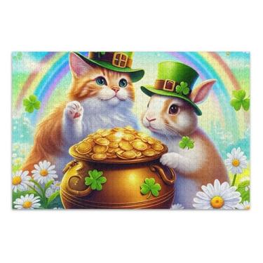 Imagem de Quebra-cabeça colorido gato coelho verde St para adultos 1000 peças engraçado exclusivo quebra-cabeça flor animal impressão, 75 x 40 centímetros