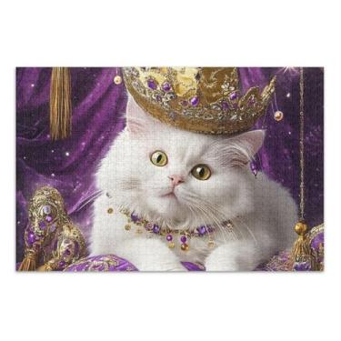 Imagem de Quebra-cabeça de gato branco real coroa dourada para adultos 1000 peças de pintura artística engraçada personalizada divertida arte quebra-cabeça elefante branco presentes de festa, 75 x 40 cm
