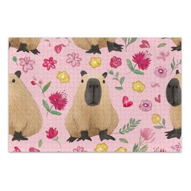 Imagem de Quebra-cabeças para adultos com flores de capivaras fofas em azulejo rosa 500 peças de arte impressão animal divertido quebra-cabeça Prime amigos família jogos presentes, 51 x 35 centímetros