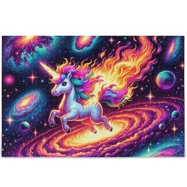 Imagem de Quebra-cabeça de unicórnio fofo com espaço de fogo, 500 peças, presentes tecnológicos para amantes, quebra-cabeças difíceis, arte personalizada com flores de animais, 52 x 37,8 cm