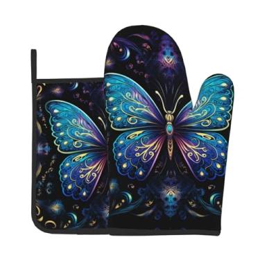 Imagem de Lindo conjunto de luvas de forno com estampa de borboleta azul, 2 peças, adequado para cozinhar, assar e grelhar ao ar livre