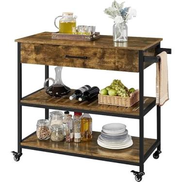 Imagem de Carrinho utilitário Ilha de cozinha sobre rodas, carrinho rolante com gaveta armazenamento e toalheiro, suporte para micro-ondas prateleira utilitária(Rustic Brown)
