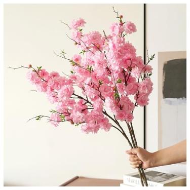 Imagem de Riymusry 3 ramos de flor de cerejeira artificial rosa – caules de flores de pêssego sintético de seda com folhas, buquê de plantas falsas para vaso em casa, casamento, ao ar livre, primavera, jardim