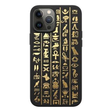 Imagem de Cavka Capa preta para iPhone 16 Pro Max - hieróglifos egípcios capa dourada à prova de choque capa protetora para telefone TPU borracha fosca estética símbolos antigos Anúbis olho dourado de Hórus