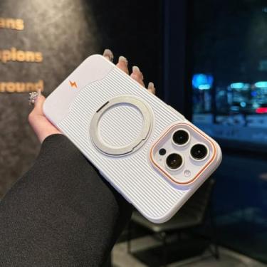 Imagem de Capa para iPhone 15 Plus com suporte magnético giratório 360° para carro, em metal, cor sólida, MI branco.