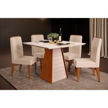 Imagem de Conjunto: Mesa Sala Jantar Fler c/ Tampo Madeirado c/ Vidro 90x90cm e 4 Cadeiras Lia Freijo/Off White - Linho Neve - DJ Móveis