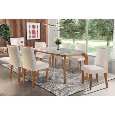 Imagem de Conjunto Mesa De Cozinha Londrina Tampo Madeirado Com Vidro 180x90cm E 6 Cadeiras Jade Capuccino Suede Creme Rufato