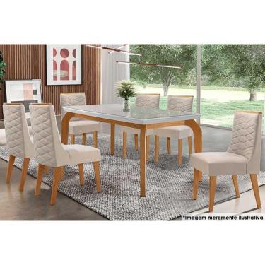 Imagem de Sala De Jantar Completa Londrina Com Tampo Madeirado Com Vidro 180x90cm E 6 Cadeiras Dafne Capuccino-suede Creme - Rufato