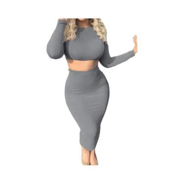 Imagem de Conjunto De Vestido Com Top Cropped De Manga Longa E Saia Até O Meio D