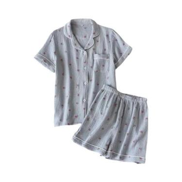 Imagem de Conjunto De Pijamas De Algodão Femininos De Verão Com Manga Curta, Aju