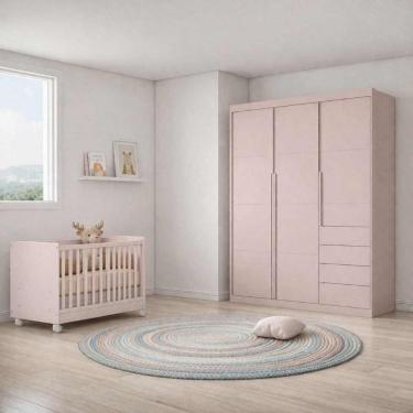 Imagem de Jogo de Quarto com Guarda Roupa 3 Portas e 4 Gavetas + Berço Mini Cama Pérola Rosê - Ph...