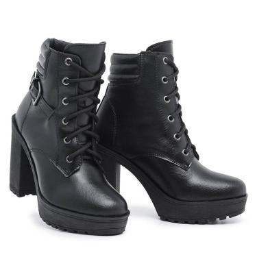 Imagem de Bota Coturno Feminino Salto Alto Macia Confortavel Tratorada Com Fivela