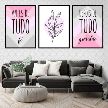 Imagem de Kit 3 Quadros Decorativos Fé Gratidão Rosa Cinza Folha