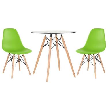 Imagem de Mesa Redonda Eames Com Tampo De Vidro 70 Cm + 2 Cadeiras Eiffel Dsw Verde Claro