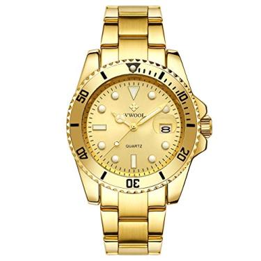Imagem de Wwoor Relógios de pulso masculinos, relógio masculino de aço inoxidável dourado, à prova d'água, analógico, quartzo, casual, elegante, com data, movimento japonês importado, Ouro/ouro