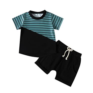 Imagem de 3 peças para meninos e meninas manga curta patchwork listradas estampas camisetas shorts roupas (preto, 12-18 meses)