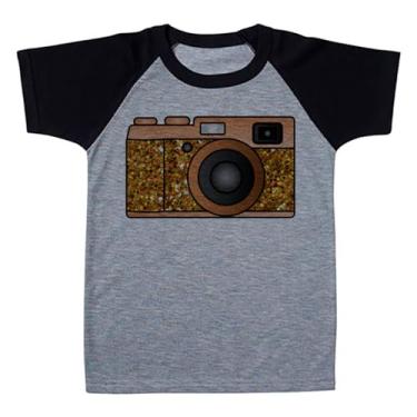 Imagem de Camiseta Raglan Infantil Cinza Camera Fotografica Marrom Glitter (BR, Numérico, 8, Regular, Polialgodão)