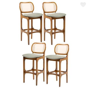 Imagem de Rio Madeira, Kit 4 Banquetas Alta para Bancada Decor Encosto Rattan Madeira Imbuia Linho Linho Verde L84 RMI