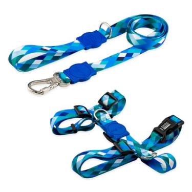 Imagem de Dog Trip Brasil Coleira Peitoral Com Guia Para Cachorro Cães Modelo H Tamanho Porte Grande Médio Pequeno (P, Quadriculada Azul)