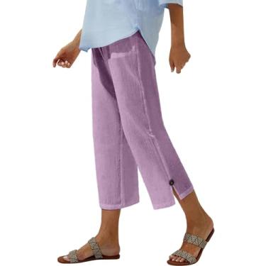 Imagem de Elogoog Calça capri feminina solta de perna larga palazzo cintura alta plus size primavera verão calça lisa com bolsos, Rosa #5, XXG