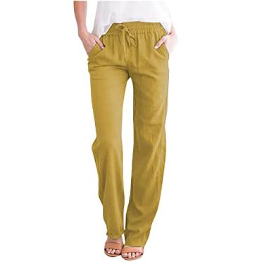Imagem de Calças de ajuste solto para mulheres outono verão linho franzido perna reta lisa calça feminina 2024 Y2K, Y-698 amarelo mostarda, 3G