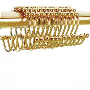 Imagem de Anéis de cortina de chuveiro de duplo deslizamento dourado ganchos de latão polido à prova de ferrugem aço inoxidável para varões de cortina de chuveiro 12 unidades