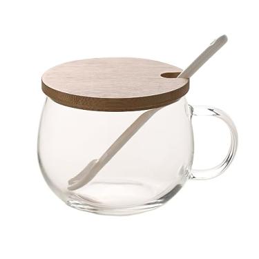 Imagem de TREEWOO Good MORNING Caneca transparente para café, sobremesa, leite, chá, iogurte, copo redondo de vidro, utensílios para bebidas com tampa de bambu, colher de cerâmica de tulipa