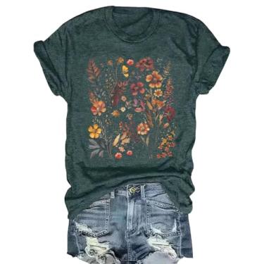 Imagem de Camiseta feminina com estampa de flores boêmias, vintage, estampa de flores silvestres, casual, botânica, manga curta, Verde - 1, GG