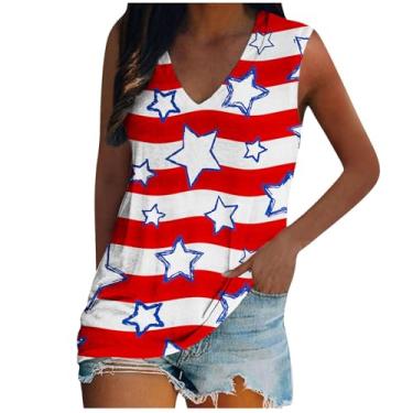 Imagem de Regata feminina 4th of July gola V bandeira americana camiseta patriótica verão tops sem mangas blusas soltas, Bege, P