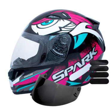 Imagem de Capacete Ebf Spark Dragon Preto Rosa Mais Viseira Fumê e Adesivo Preto