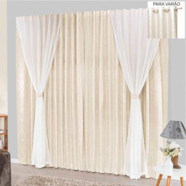Imagem de Cortina bhaly jacquard e voal 4,00 x 2,50 para varão - palha