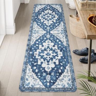 Imagem de Uphome Boho Vintage Grande Tapetes de Banheiro Azul Antiderrapante Macio Corredor Tribal Tradicional Lavável à Máquina Tapete Floral Oriental Estético Tapete para Entrada Cozinha Lavanderia, 61 x 180