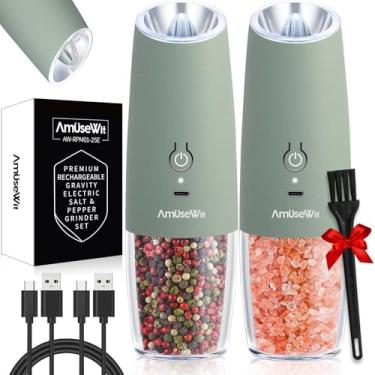 Imagem de AmuseWit Conjunto elétrico de moedor de sal e pimenta por gravidade [luz branca] Moedores automáticos de pimenta e sal recarregáveis por USB, grossura ajustável, operação com uma mão, sálvia