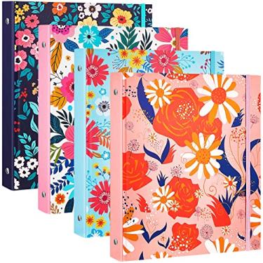 Imagem de Lewtemi Pacote com 4 mini fichários de 13 x 21 cm, fichário de mármore de 2,5 cm, capa dura decorativa com cordão elástico para escola, escritório, receita, páginas de álbum de fotos (flor)