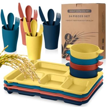 Imagem de Bokon 24 peças de prato dividido para crianças adultos conjunto de talheres de palha de trigo para almoço infantil infantil cofre micro-ondas piquenique escola (cor clássica)