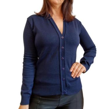 Imagem de Blusa Tricô Cardigan Feminino Suéter Casaquinho com Botões Gola V Azul