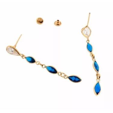 Imagem de Brinco De Ouro 18k Cascata Zircônia Azul - DR Joias