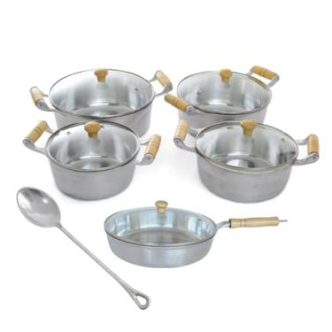 Imagem de Jogo de Panelas e Frigideira Alumínio Fundido Batido Tampa de Vidro 5 Peças