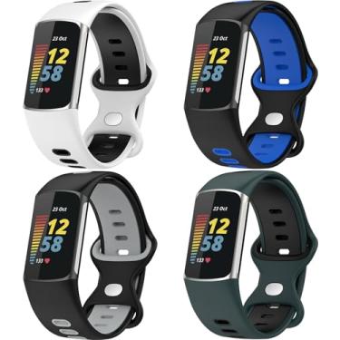 Imagem de QHBAMD Pacote com 4 pulseiras de relógio Fitbit Charge 6 femininas e masculinas, acessórios esportivos de silicone macio respirável, pulseira fina para Fitbit Charge 5/6 Fitness Tracker ("preto, azul,