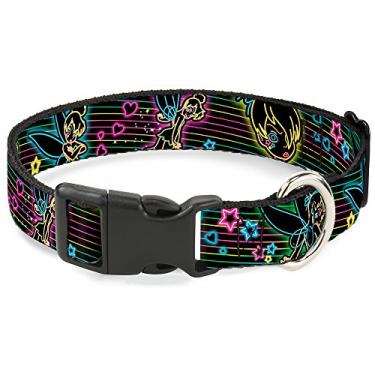 Imagem de Buckle-Down Coleira com clipe de plástico – Poses/listras elétricas da Sininho de Sininho de Sininho Elétrico Preto/Multi Neon – 3,8 cm de largura – Serve para pescoços de 33 a 45,7 cm – Pequena