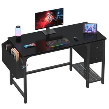Imagem de Lufeiya Mesa de jogos com gavetas de tecido, mesa de computador de 128 cm para escritório em casa, mesa de estudo simples moderna e simples para quarto, preta