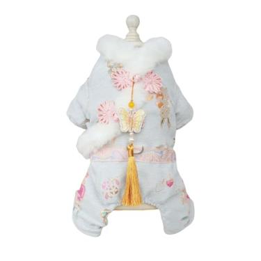 Imagem de MuYaoPet Roupas de Ano Novo Chinês Fantasia Cat Tang, Terno Cheongsam Tang com Borlas de Borboleta, Jaqueta de Lã de Inverno para Cachorro com Anel D para Coleira (Azul Quatro Pernas, G)