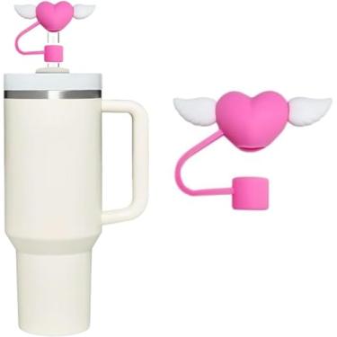 Imagem de Lindo enfeite de palha de silicone Love Wings para Stanley 30 e 1,134 g, tampa de palha à prova de respingos, capa de canudo reutilizável, capas de ponta de canudo de 10 mm para Stanle (asas brancas