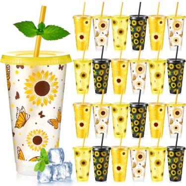 Imagem de Uiifan 24 peças de copos de plástico de girassol com tampa e canudo 680 g copo de girassol reutilizável presentes para mulheres girassol aniversário chuveiro decorações lembrancinhas