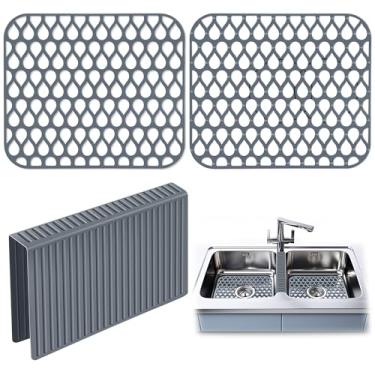 Imagem de Dunkive Pacote com 3 tapetes de pia e conjunto de selim de pia, protetores de pia para pia de cozinha, tapete de pia de silicone antiderrapante seguro para lava-louças, protege a pia dupla de manchas,